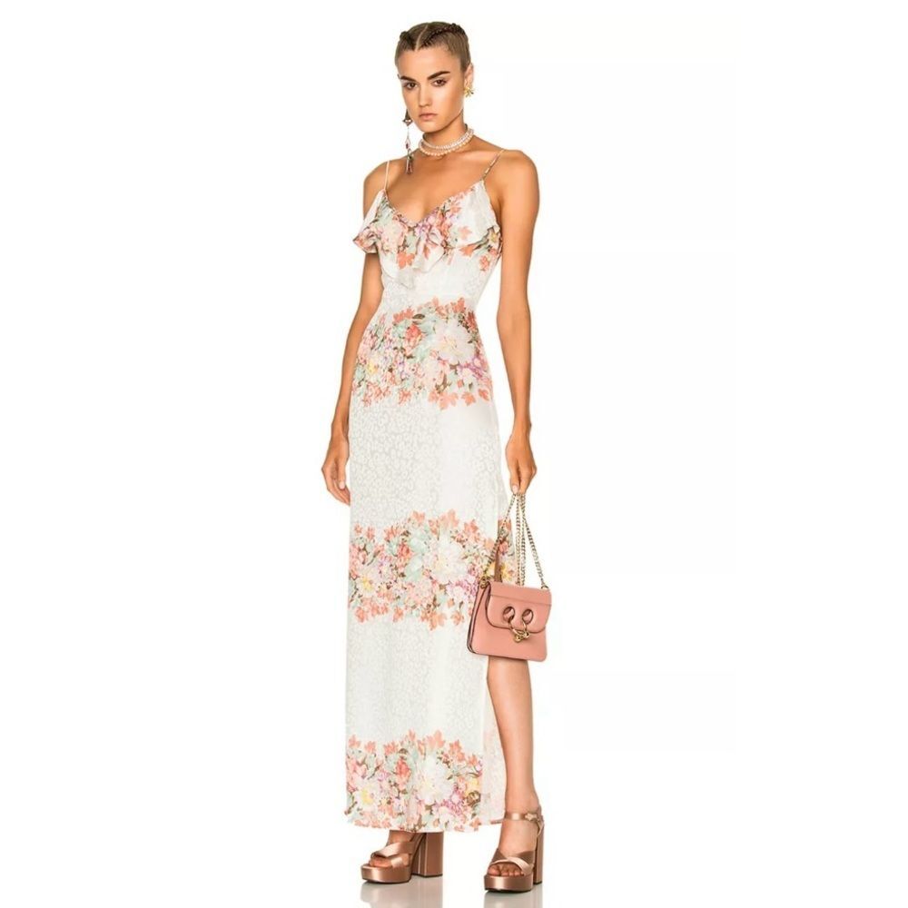 LPA Silk Slip Floral Leopard Jacquard Ruffle Night Out Maxi Dress Size XS